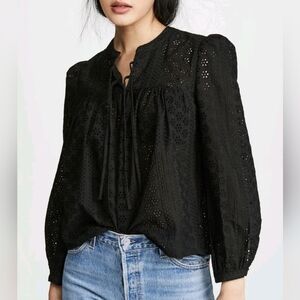 Madewell Eyelet Double-Tie Peasant Top Blouse L Black Breathable Lightweight